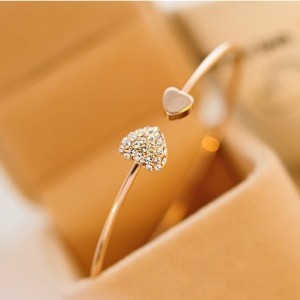 Adjustable Crystal Double Heart Bow Bilezik Cuff Opening Bracelet Women Jewelry Gold Silver